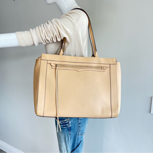 REBECCA MINKOFF Monroe Sand Saffiano Structured Leather Tassel Shoulder Bag Tote - Picture 8 of 16